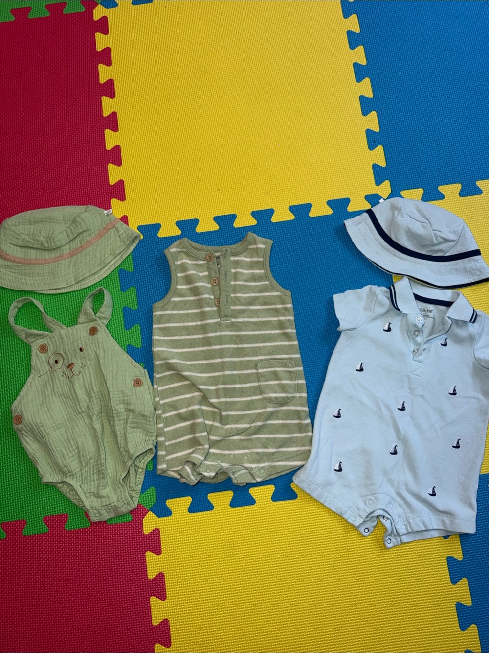 Little Me Green and Light Blue Baby Matching Summer Set with Hats